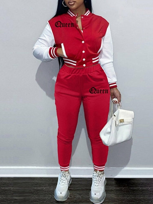 Letter Print Baseball Uniform Women Sets Button Cardigan Pencil Pants