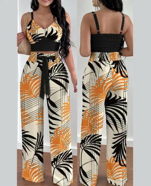 Print Floral Suspender Vest High waist Elastic Wide Leg Pants Two