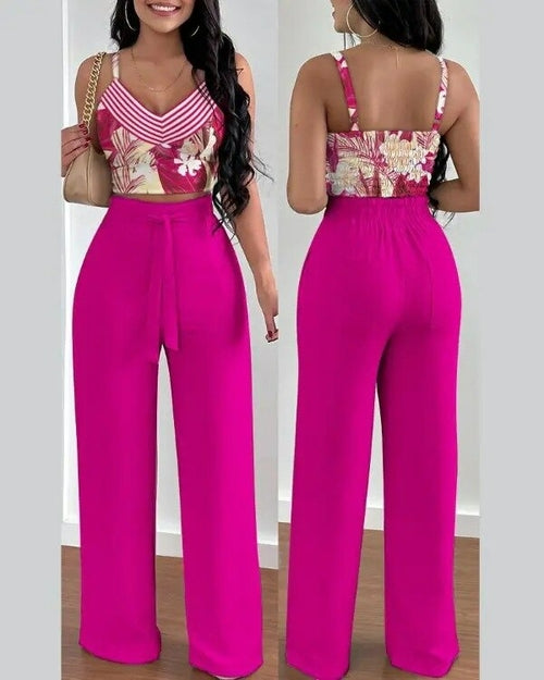 Print Floral Suspender Vest High waist Elastic Wide Leg Pants Two