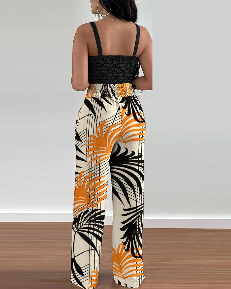 Print Floral Suspender Vest High waist Elastic Wide Leg Pants Two