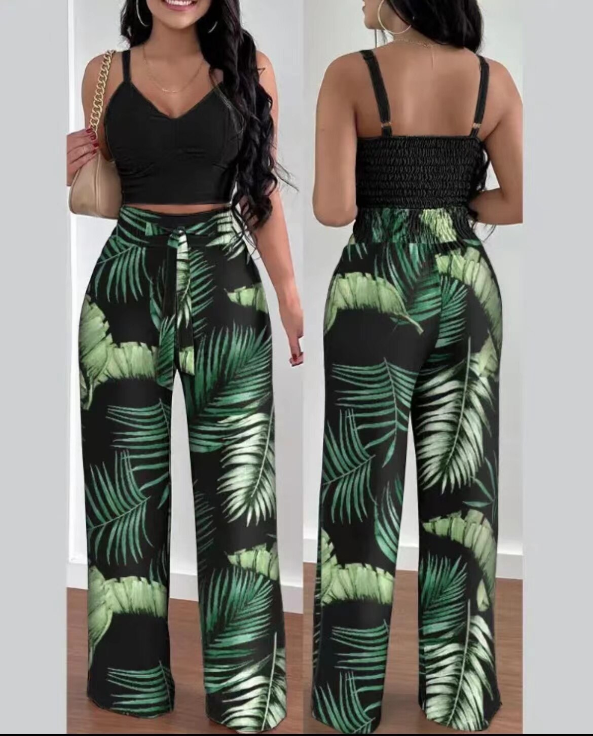 Print Floral Suspender Vest High waist Elastic Wide Leg Pants Two