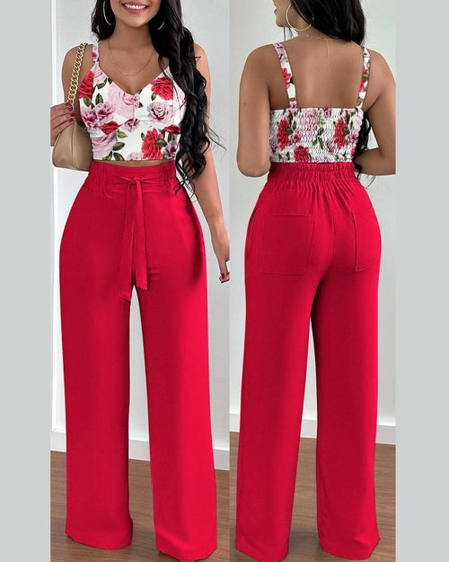Print Floral Suspender Vest High waist Elastic Wide Leg Pants Two