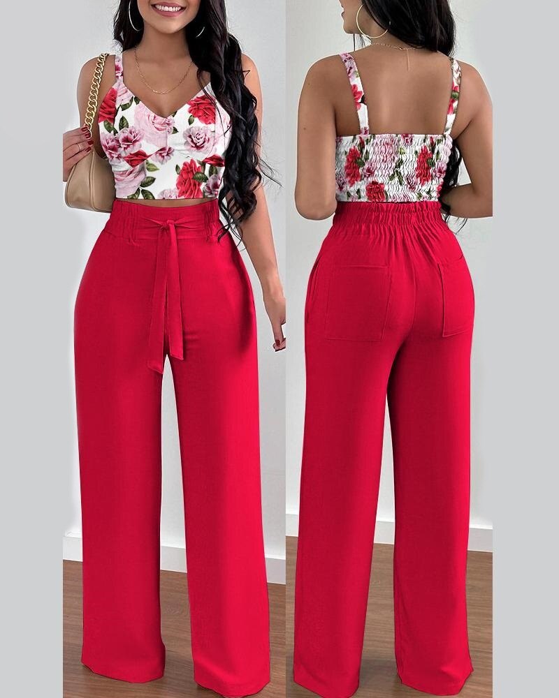 Print Floral Suspender Vest High waist Elastic Wide Leg Pants Two