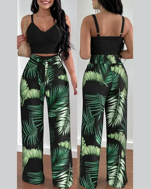 Print Floral Suspender Vest High waist Elastic Wide Leg Pants Two