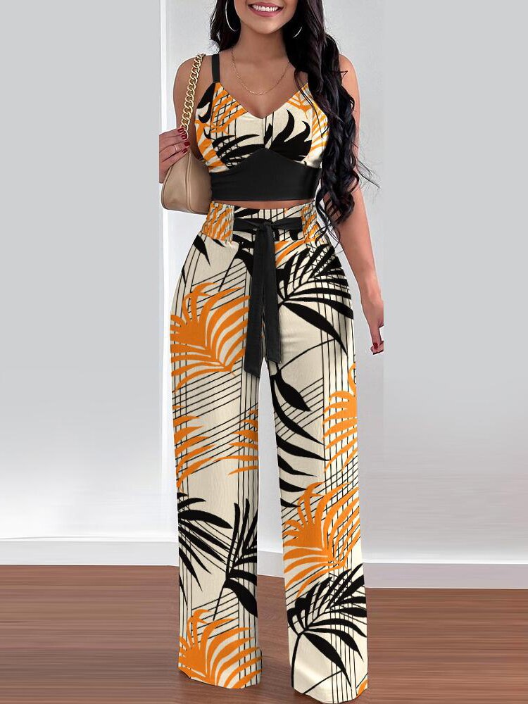 Print Floral Suspender Vest High waist Elastic Wide Leg Pants Two
