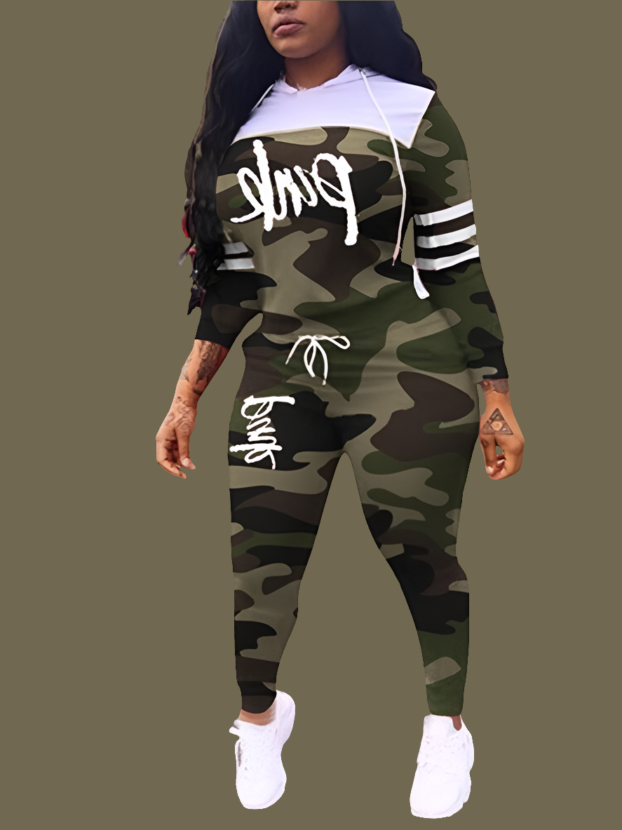 Camouflage Print Stitching Sportswear Suit Women Casual Spring Hooded