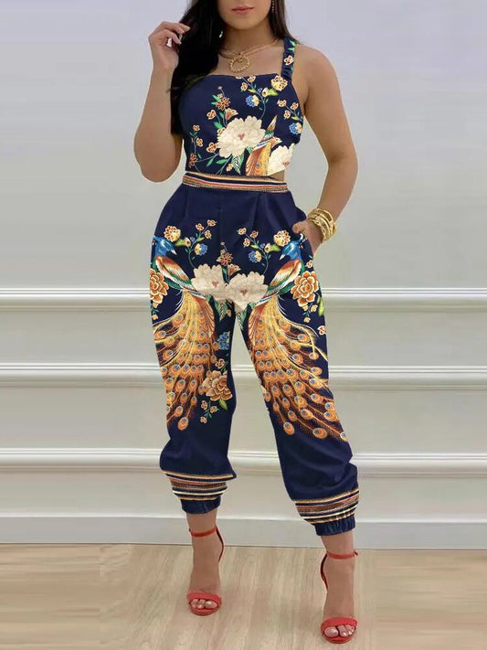 Printed Strapless Jumpsuit Strapping Loose Pants