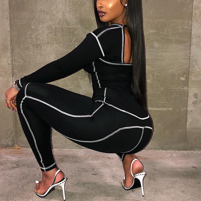 Square collar sexy jumpsuit Long sleeve knitted women