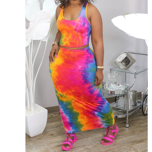 Summer Dress Print Long Skirt Sleeveless Tops Two-piece for Women