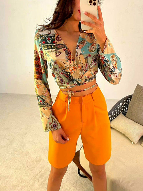 V Neck Lace-up Shirt and High Waist Shorts Suits