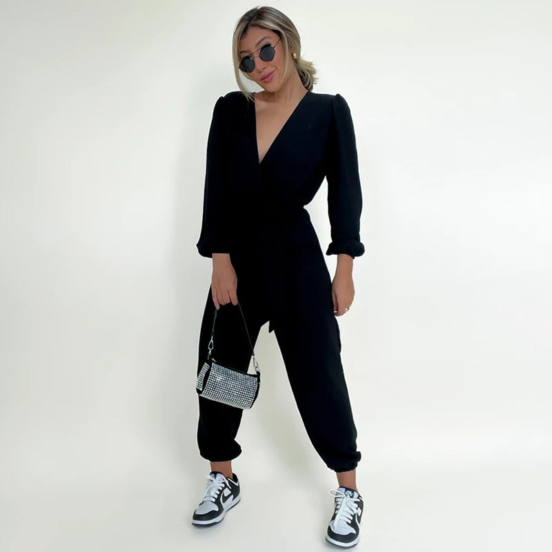 V-Neck Long Sleeve Tie-Waist High-Waisted Jumpsuit with Long Pants