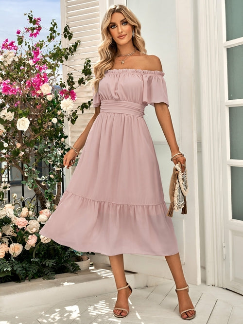 One-shoulder Solid Color Waist Long Dress