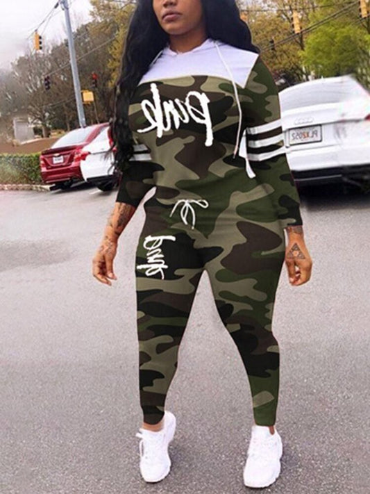 Camouflage Print Stitching Sportswear Suit Women Casual Spring Hooded