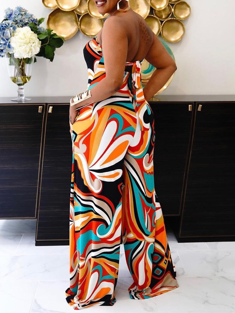 Sexy Strapless Backless Jumpsuit Striped Print Wide Leg Pants Romper