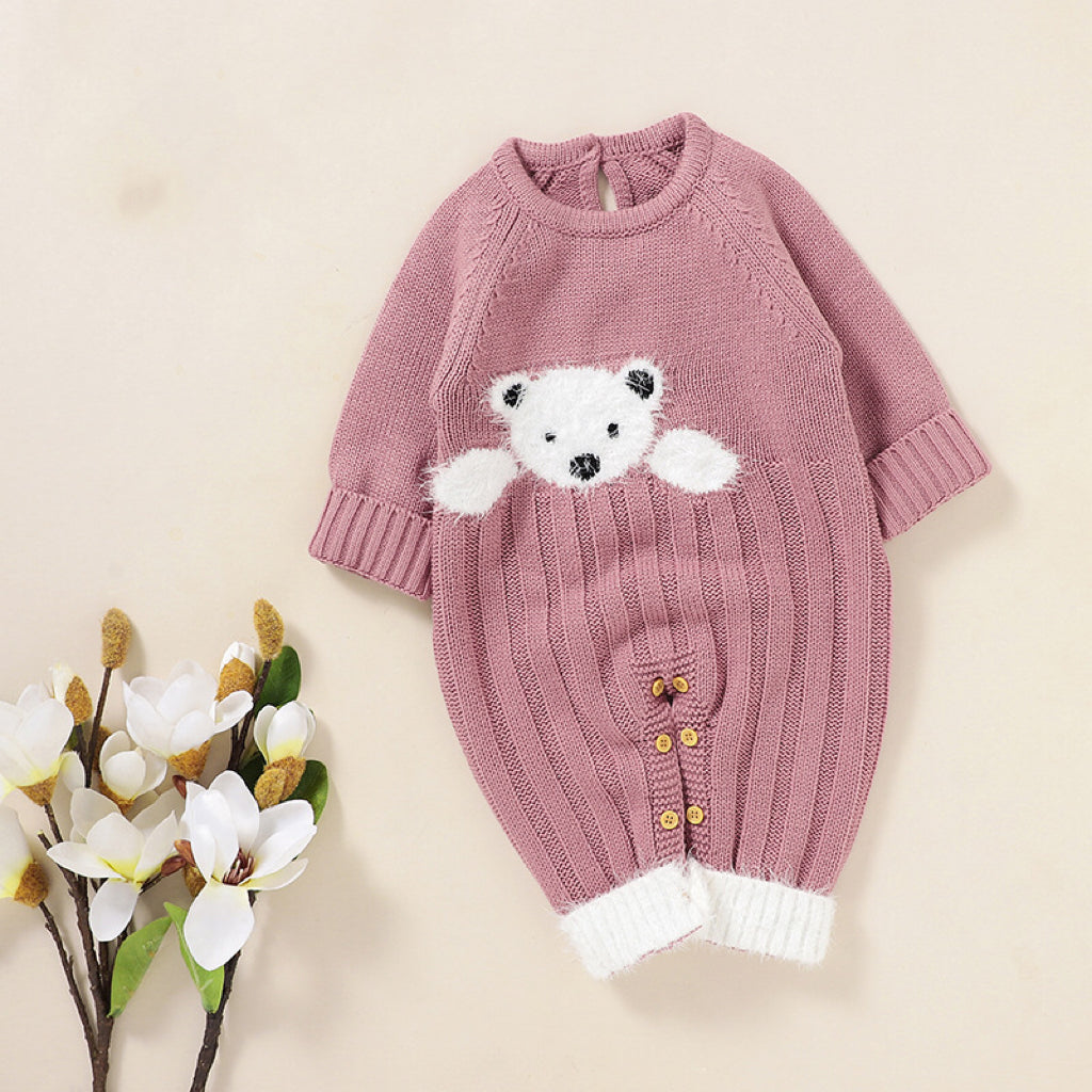 Baby Bear Jacquard Design Long Sleeve Cute Knitted Jumpsuits