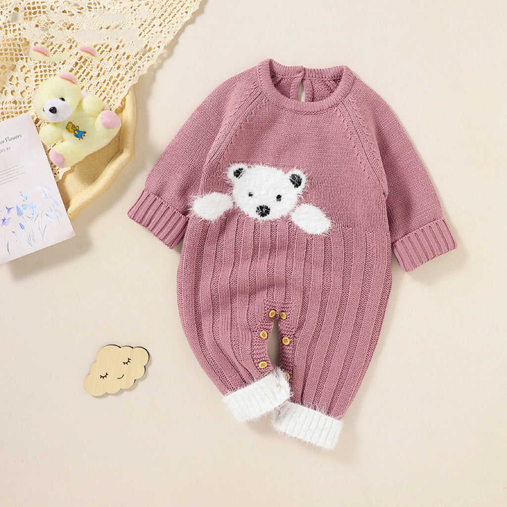 Baby Bear Jacquard Design Long Sleeve Cute Knitted Jumpsuits